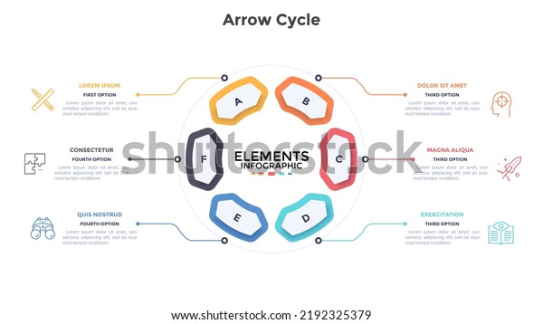 Circular chart divided into six double-headed\
arrow-like elements. Concept of 6 stages of cyclic business\
process. Simple infographic design template. Modern flat vector\
illustration for\
report.