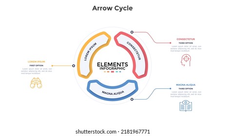 Circular chart divided into three double-headed arrow-like elements. Concept of 3 stages of cyclic business process. Simple infographic design template. Modern flat vector illustration for report.