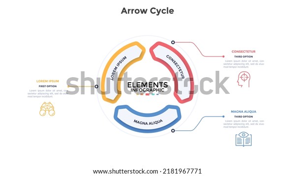 Circular chart divided into three double-headed\
arrow-like elements. Concept of 3 stages of cyclic business\
process. Simple infographic design template. Modern flat vector\
illustration for\
report.