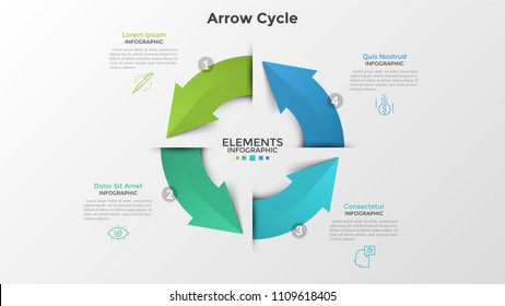 Circular chart with four colorful arrows, linear icons and place for text. Concept of 4-stepped closed production cycle. Creative infographic design template. Vector illustration for brochure.