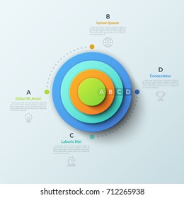 Circular chart with four round elements placed one inside other, thin line symbols and lettered text boxes. Concept of 4 features of business process. Infographic design layout. Vector illustration.