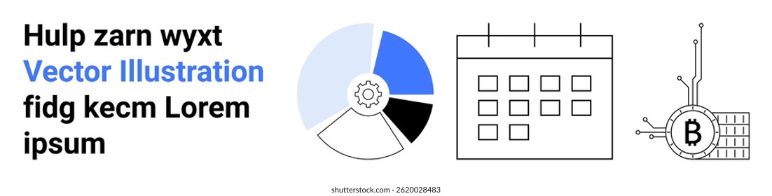 Circular chart gear, calendar with squares, circuit and Bitcoin symbol. Ideal for data analytics, project management, fintech, scheduling, blockchain technology, business planning, cryptocurrency