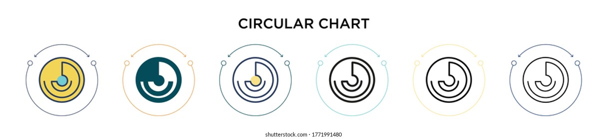 Circular chart icon in filled, thin line, outline and stroke style. Vector illustration of two colored and black circular chart vector icons designs can be used for mobile, ui, web