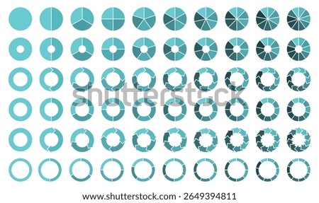 Circular chart icons including pie, donut, radial, and arrow segments. Ideal for dashboards, data visualization, UI design, business analytics, and infographic presentations. Icons, vector.