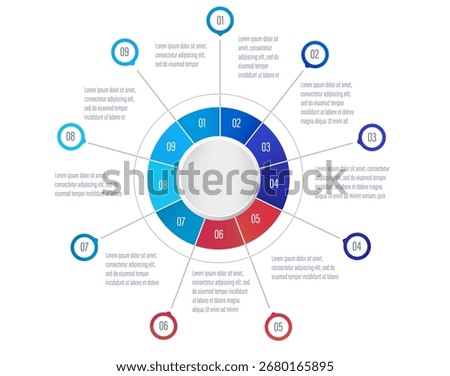 Circular chart with nine colored segments, thin lines connecting each part to text, flat design style on white background. Concept of data visualization. Vector illustration