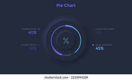 Circular chart with percent symbol. Concept of cyclic business process completion percentage. Dark neon infographic design template. Vector illustration for statistical information visualization.