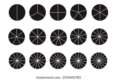 Icono de gráfico circular, pastel o rebanada de pizza. División de la rueda en fracciones, sectores de la forma. Vector negro ilustraciones