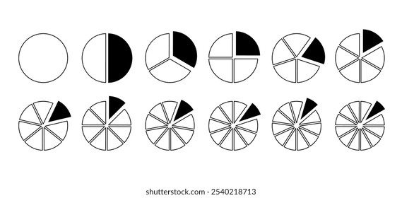 Gráfico circular, pizza. División de la rueda en fracciones con doce segmentos, sectores de forma circular. garabatos de Vector