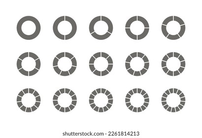 Gráfico circular. Gráfico de estructura redonda. Plantilla de sección circular en color gris. Diagrama de tubería dividido en piezas. Establecer esquemas con sectores. Piechart con segmentos y rodajas. Ilustración del vector