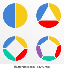 Circular chart set. Pie diagram template. Circle infographics concept with 2,3,4,5 steps, parts, levels or options. Colorful vector illustration.