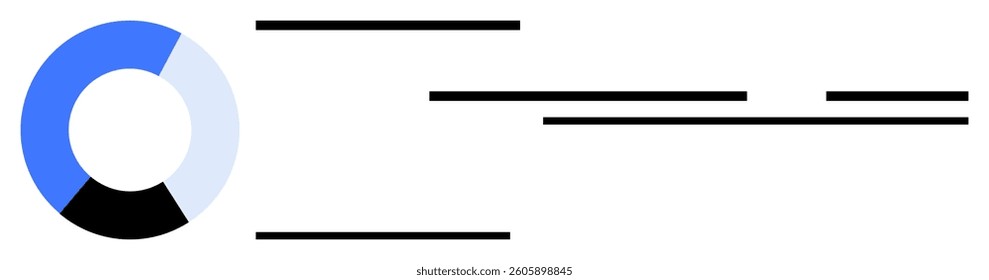Circular chart showing progress with three segments in blue, black, and light blue, accompanied by horizontal black lines. Ideal for data visualization, progress tracking, infographics