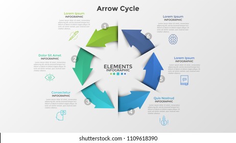 Circular chart with six colorful arrows, linear icons and place for text. Concept of 6-stepped closed production cycle. Creative infographic design template. Vector illustration for brochure.