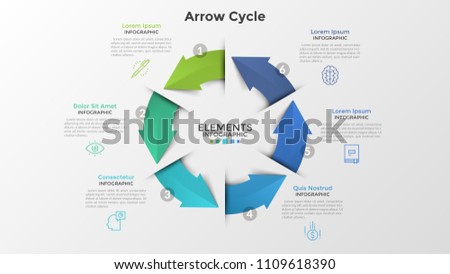 Circular chart with six colorful arrows, linear icons and place for text. Concept of 6-stepped closed production cycle. Creative infographic design template. Vector illustration for brochure.