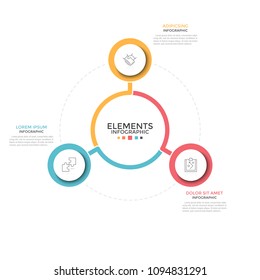 Circular chart. Three colorful round elements with linear symbols inside placed around central one. Concept of 3 business options to choose. Minimal infographic design template. Vector illustration.