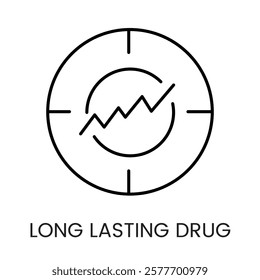 A circular chart with an upward graph icon in vector, representing growth and long lasting drug effectiveness, with an editable stroke