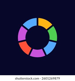 A circular chart with vibrant colors displays five equal segments in blue, orange, green, purple, red.