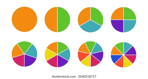 Gráfico circular. Divisão da roda em frações com segmentos coloridos, setores de forma circular. Infográfico de vetor