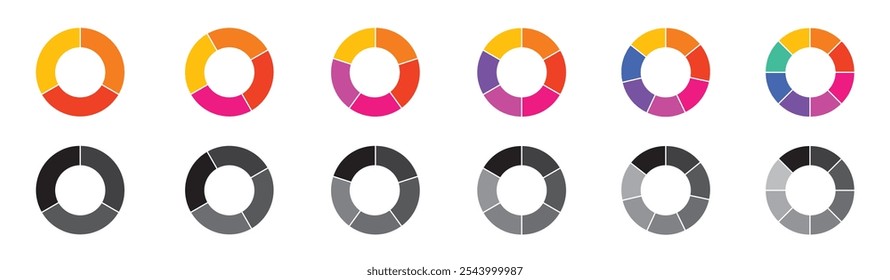 Gráfico circular. Divisão da roda em frações com segmentos coloridos, setores de forma circular. Infográfico de vetor