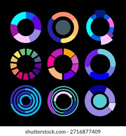 Gráficos circulares y coloridos gráficos segmentados de donas, pasteles y anillos sobre un fondo oscuro que ilustran el análisis comercial, los informes financieros, el progreso tecnológico y los paneles estadísticos