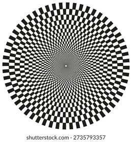 Circular checkerboard pattern. Geometric tunnel Vector. Optical illusion disk. Monochrome vortex surface. EPS 10.