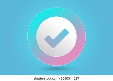 Um ícone de marca de seleção circular no plano de fundo azul, simbolizando a aprovação, o sucesso ou a ilustração vetorial de conclusão da tarefa. e uma borda de gradiente entre ciano e rosa ao redor