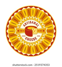 Circular cheese label template divided into sectors. Place your brand text instead Yummy. For food packaging and branding.