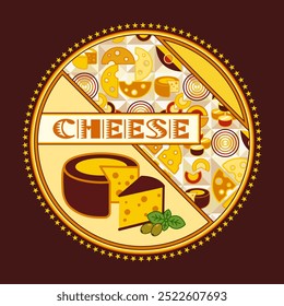 Circular cheese label template with icon of cheese pieces, stars, text, diagonal ornament. For food packaging and branding design. Dark background
