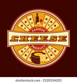 Circular cheese label template with icons of cheese wheel, wine bottle, text. For food packaging and branding design in retro style. Dark background