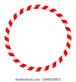 Circular christmas candy cane isolated frame. Festive decorative round red white stripe border vector illustration