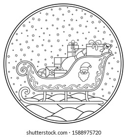 Circular Christmas decoration with elements of festive decoration. Santaclaus sleigh with gifts and toys. Suitable for decor for the New Year. Coloring book page.