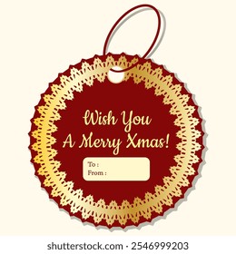 Circular Christmas gift tag in festive red. Elegant golden border with intricate design.  Classic red and gold color scheme. Perfect for adding a festive touch to presents. Sophisticated yet cheerful.