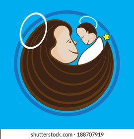 Circular Christmas icon of a smiling Mary with flowing brown hair holding a happy baby Jesus aloft on a blue background,vector cartoon illustration
