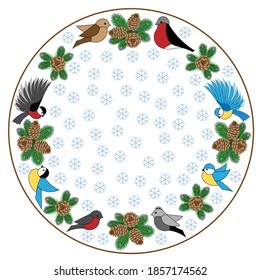Circular Christmas ornament with cute birds and fluffy fir branches. For design of plate, tablecloth, CD, clock, umbrella or any other circle object.