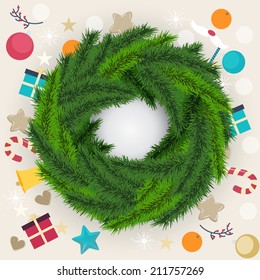 Circular Christmas wreath of fresh green pine or fir foliage surrounded by Xmas icons of gifts, candy, baubles, bells, stars, berries and oranges in a festive card design, vector illustration