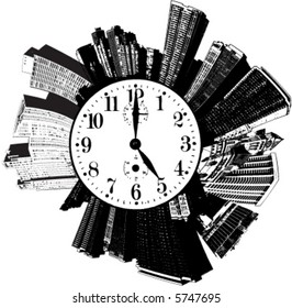 A circular city with a clock on it