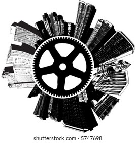 A circular city with a gear on it