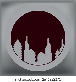 Circular cityscape silhouette with modern buildings in gray and maroon tones, ideal for urban-themed designs or branding visuals.