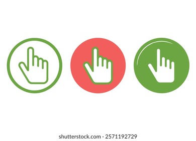 Circular click icons in red, green, and blue with outlined hand symbols, ideal for indicating selection or interaction in UIUX design