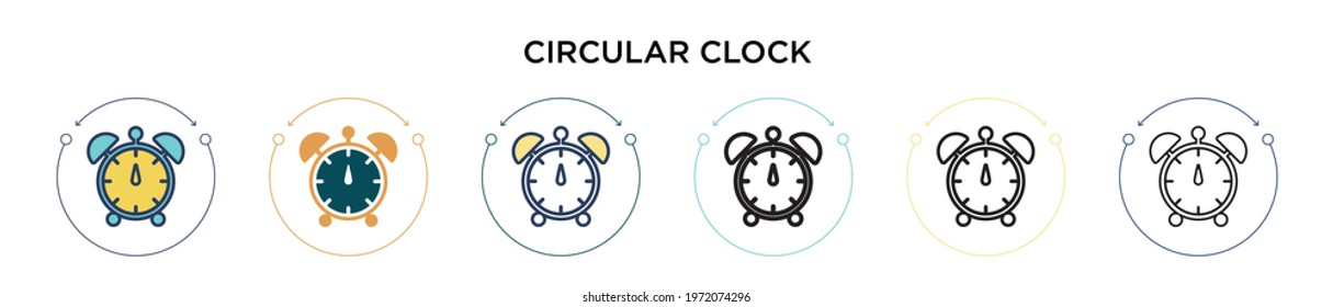 Circular clock icon in filled, thin line, outline and stroke style. Vector illustration of two colored and black circular clock vector icons designs can be used for mobile, ui, web