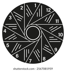 Circular clock illustration. Numbers one to twelve. Geometric clock face. Bold black design.