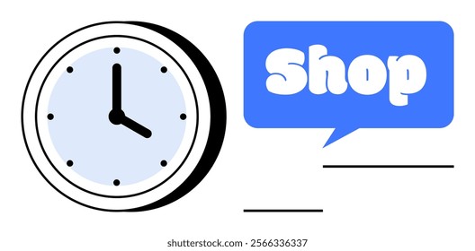 Circular clock showing time next to a blue speech bubble with the word Shop. Ideal for business hours, retail stores, signage, time management, and communication. Simple, clean style