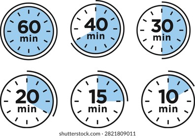 Circular clock timer icons showing various intervals such as sixty forty thirty twenty fifteen and ten minutes for efficient project scheduling and time tracking.