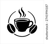 Circular coffee emblem featuring a steaming cup and beans, ideal for cafe labels and packaging design.