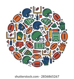 A circular collage featuring various American football sports equipment and field elements in a flat design style.