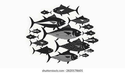 Circular collection of various tuna fish silhouettes with stylized line and dot patterns. Black and white graphic design featuring different tuna species isolated on a white background.