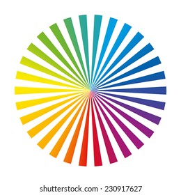 Cubierta de ventilador de color circular compuesta por treinta diferentes rayas de tinta vibrante. Ilustración vectorial aislada en fondo blanco.