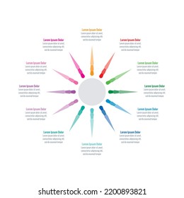 runde, farbige Balken mit Infografik. 12 Optionen Infografik Vorlage. Magazin, Bildung, Wirtschaft, Geschäftsbericht, Internet-Informationsvorlage