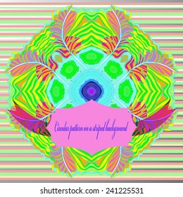 Circular  colored feathers ornament, label, text on a striped gradient background. Hand drawn.