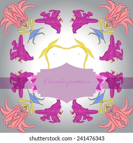 Circular colored  pattern of floral motif, label, text,  on a gradient gray background. Hand drawn.