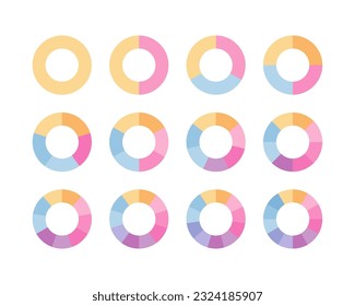 Rundfarbige Strukturdiagrammvorlage. Ringsegmente, die in mehrfarbige Segmente unterteilt sind. Kuchendiagramm. Kreisdiagramm. Festlegung von Regelungen mit Sektoren. Piepchart mit Abschnitt und Scheiben. Vektorgrafik